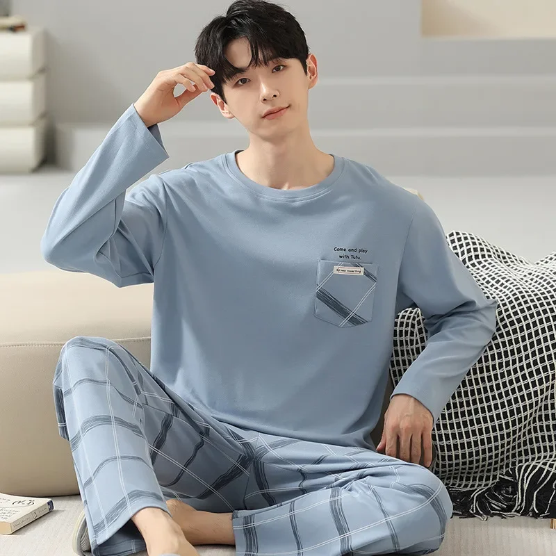 High Quality Pure Cotton Pajamas Suit Men Autumn Winter Long-sleeved Korean Version Sleepwear Male Cartoon Loose Loungewear Gent