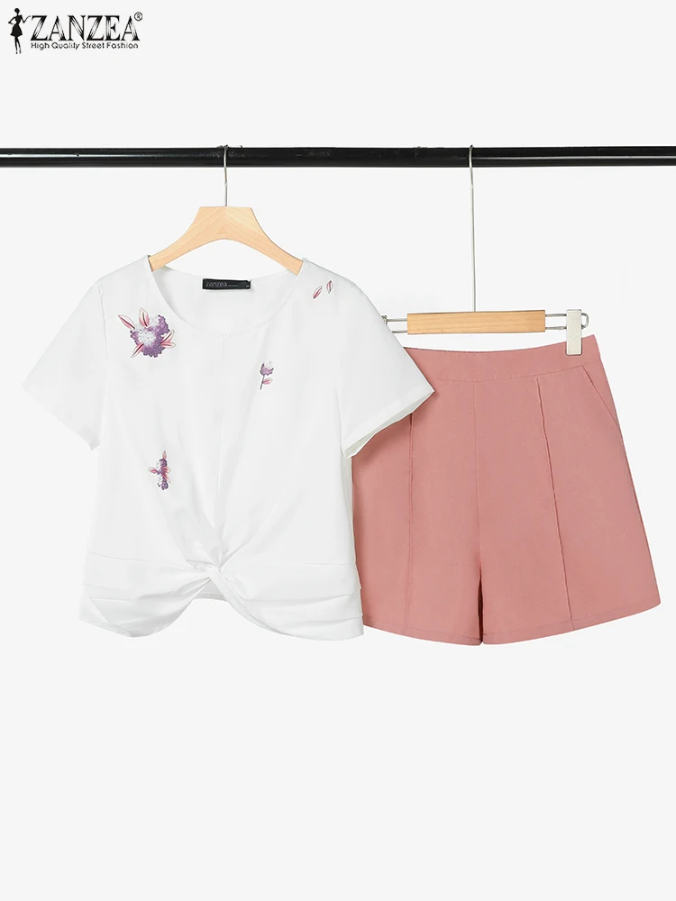 2025 ZANZEA Loose Women Sets Fashion Printed T Shirts Short Pants Matching Sets Summer Solid Elastic Waist Shorts Suits 2PCS