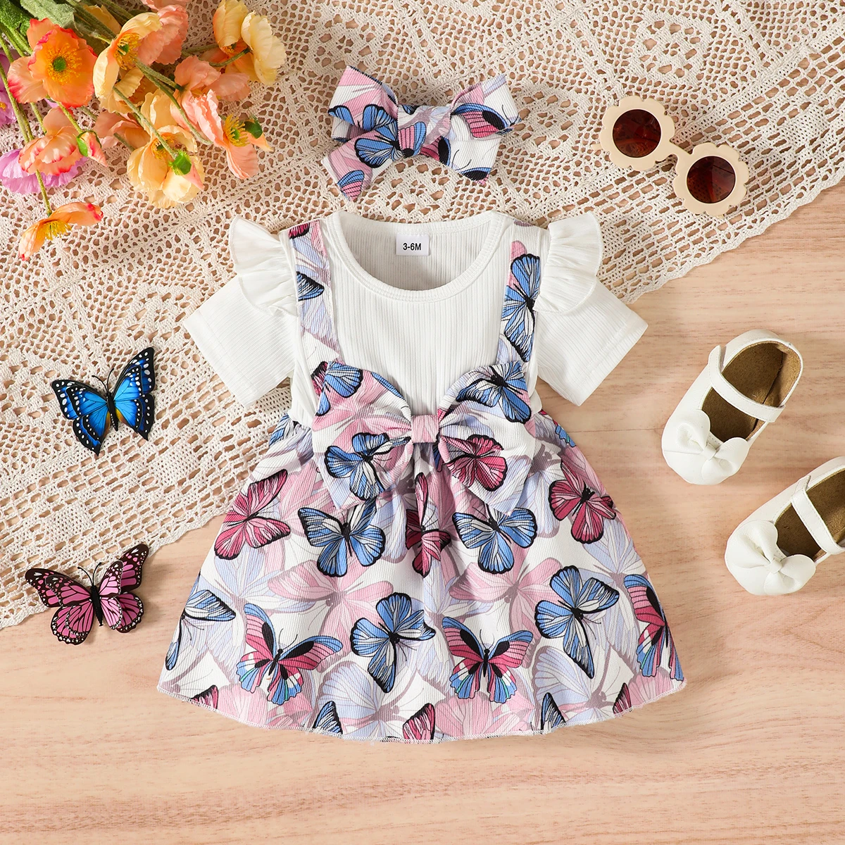 2Pcs Baby Girl Summer Dress Beautiful Butterfly Print Dress+Headband Suitable for 0-24 Months Old Lively and Cute Little Girls