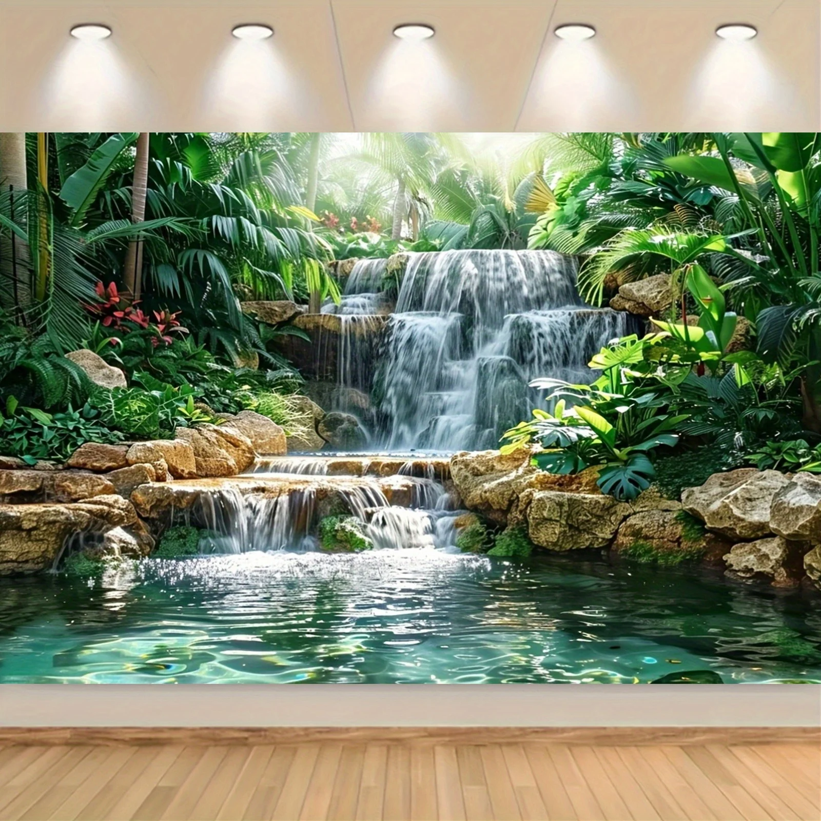 Waterfall Garden background Polyester banner, general purpose and trailing party wall decoration - forest and river scene