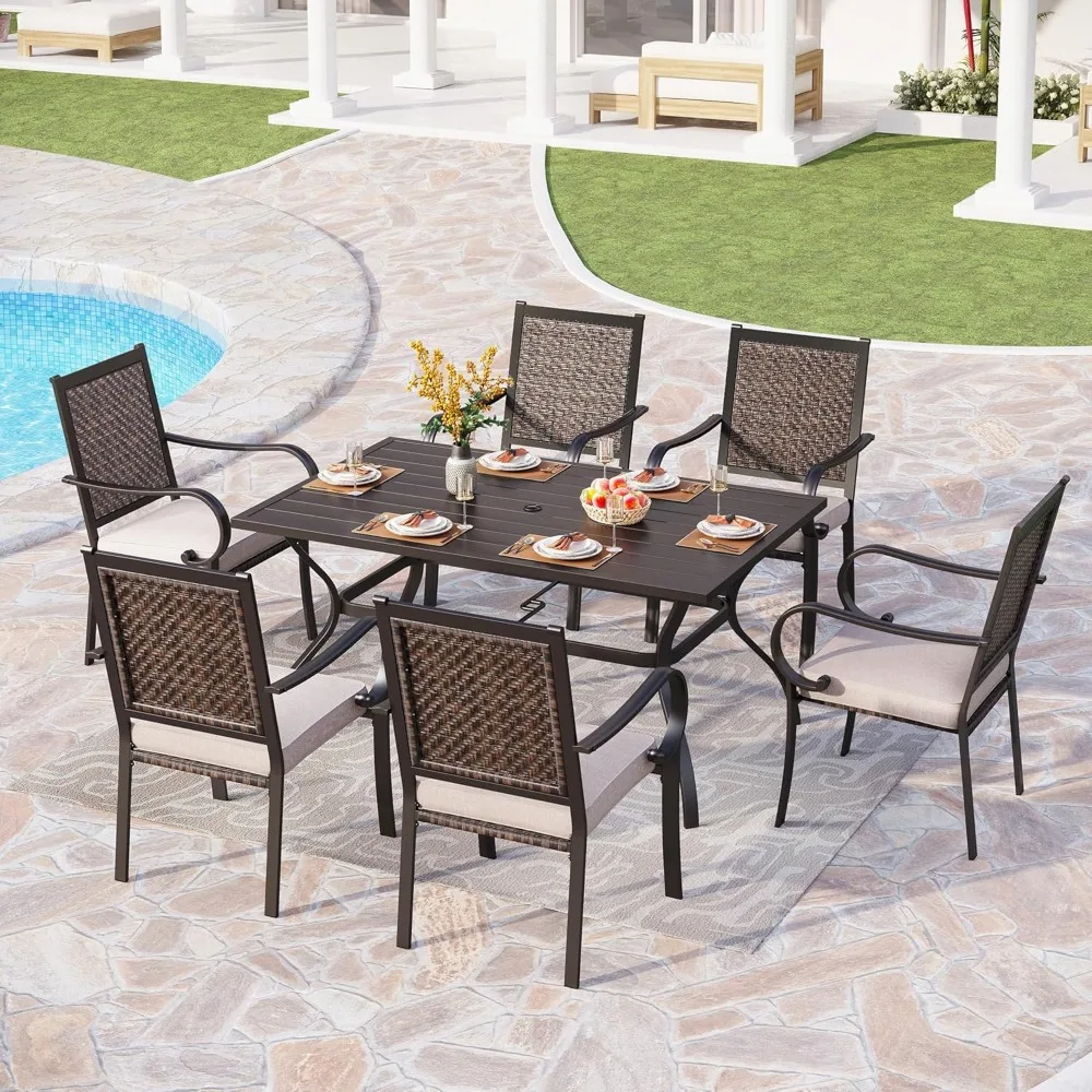 7 Piece Outdoor Wicker Dining Set for 6, Rectangular Metal Dining Table with Umbrella Hole & 6 Cushioned Rattan Chairs Furniture