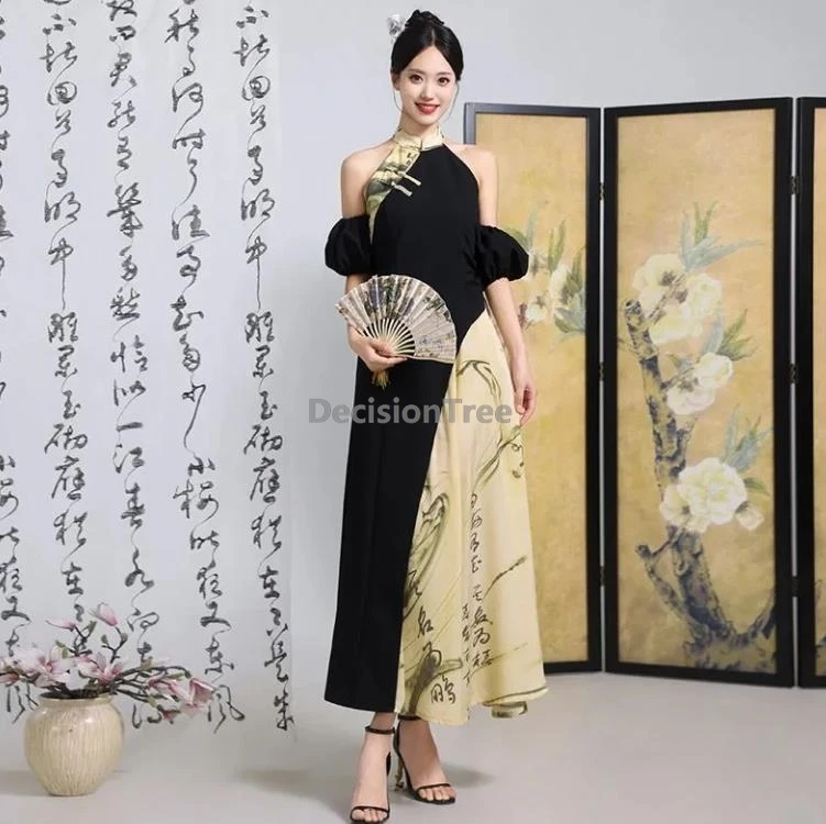 

2025 elegant vintage printed qipao classical trendy patchwork sleeveless hanging neck cheongsam improved chinese dancing qipao