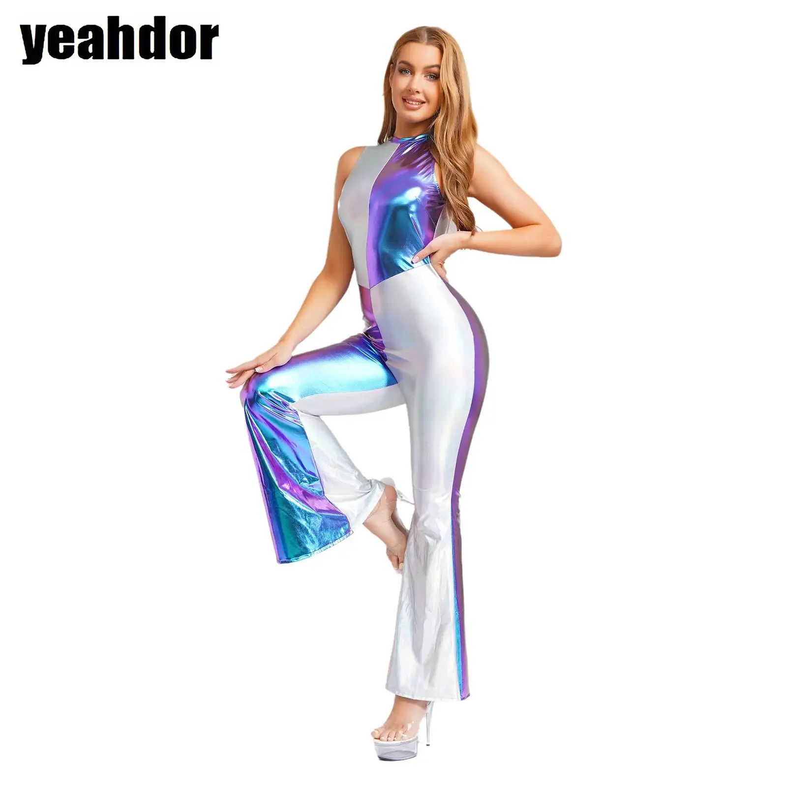 

Women 70s Disco Dance Costume Metallic Shiny Jumpsuit Sleeveless Flare Pants Bodysuit Bell Bottom Rompers Carnival Rave Clubwear