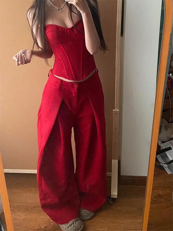 

Sexy Trendy Women's Two-Piece Set Strapless Crop Top And Wide Leg Pants High Waist Pants for Casual Wear Spring Autumn