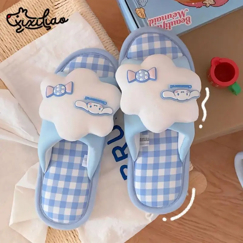 

Sanrios тапочки Hello Kittys, женские хлопковые льняные тапочки Kawaii My Melody Kuromi, четыре сезона, нескользящая домашняя обувь на мягкой подошве