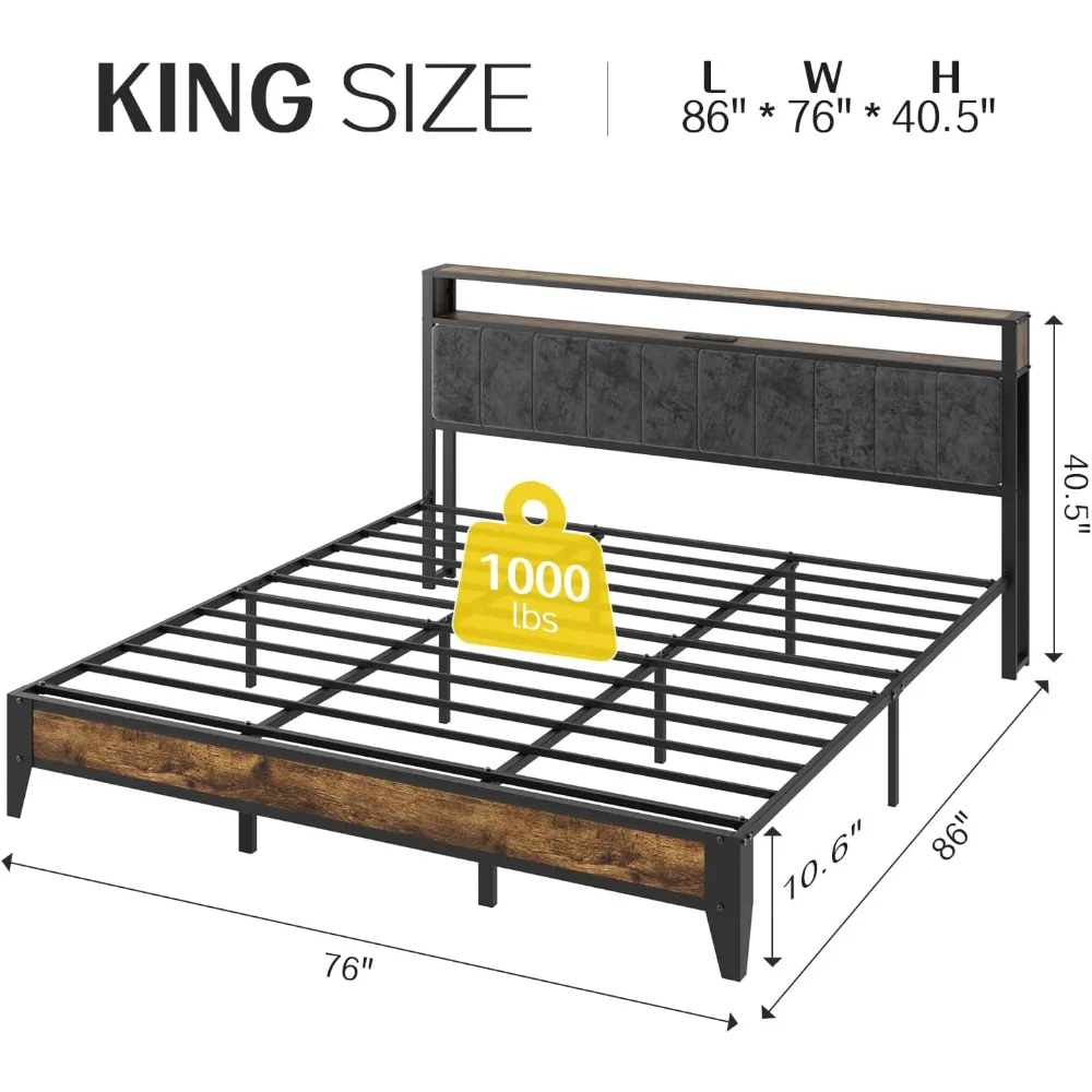 King size bed frame with headplate,metal platform bed queen size with 2 levels of storage,LED lights and C-type charging station