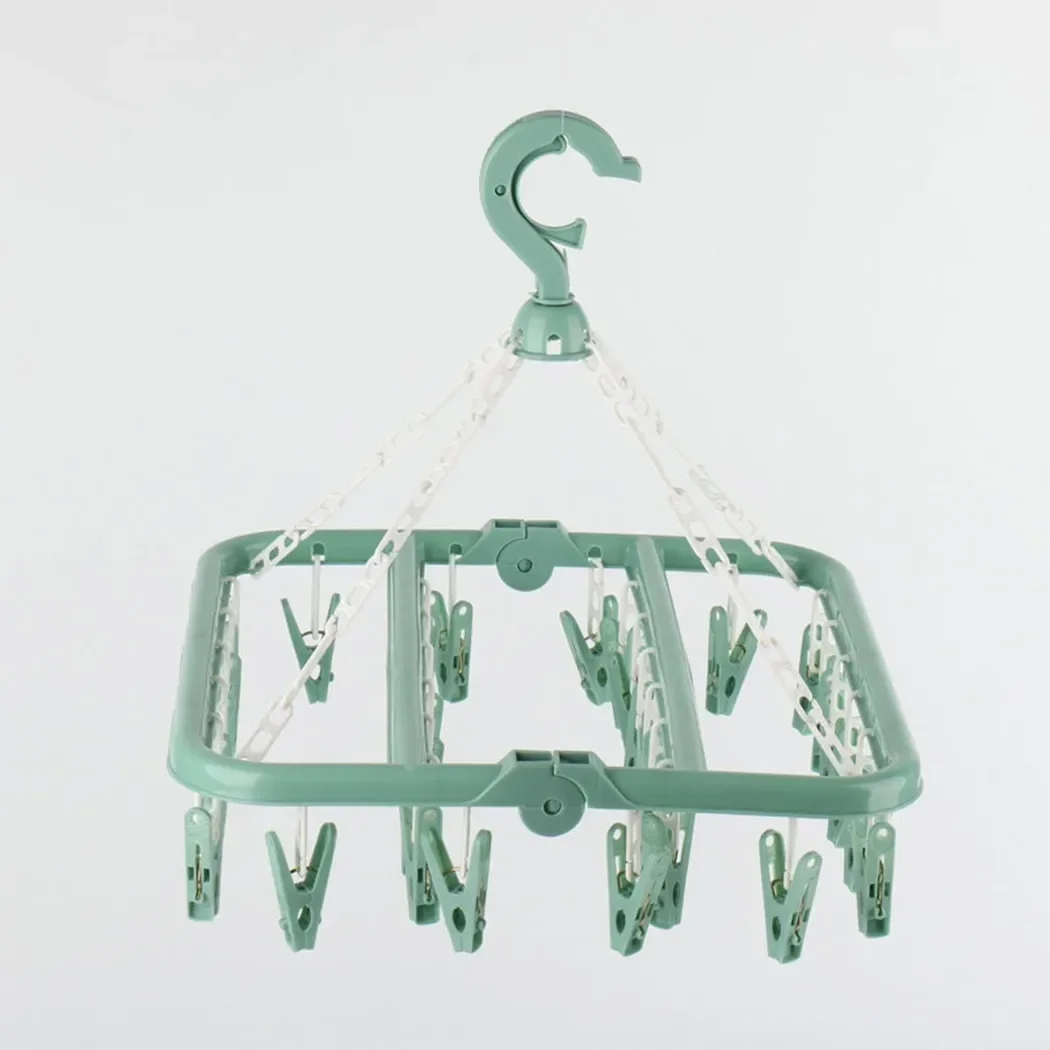 Household Folding Clip Hanger With 32 Drying Clips Multifunctional Drying Rack Clothes Dryer Windproof Socks Underwear Rotating