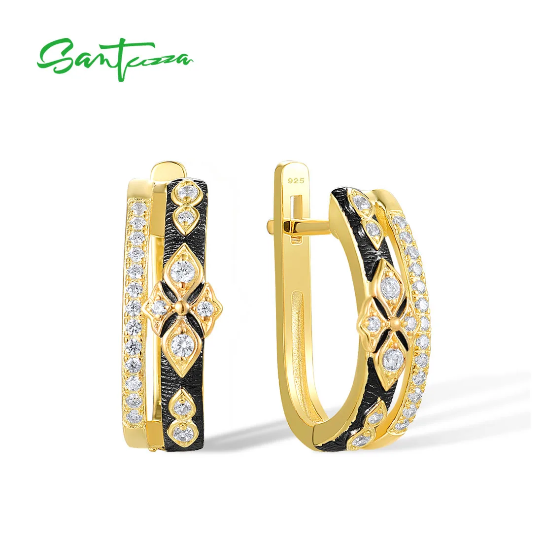 

SANTUZZA Genuine 925 Sterling Silver Earrings For Women Sparkling White Zircons Yellow Black Plated Color Delicate Fine Jewelry