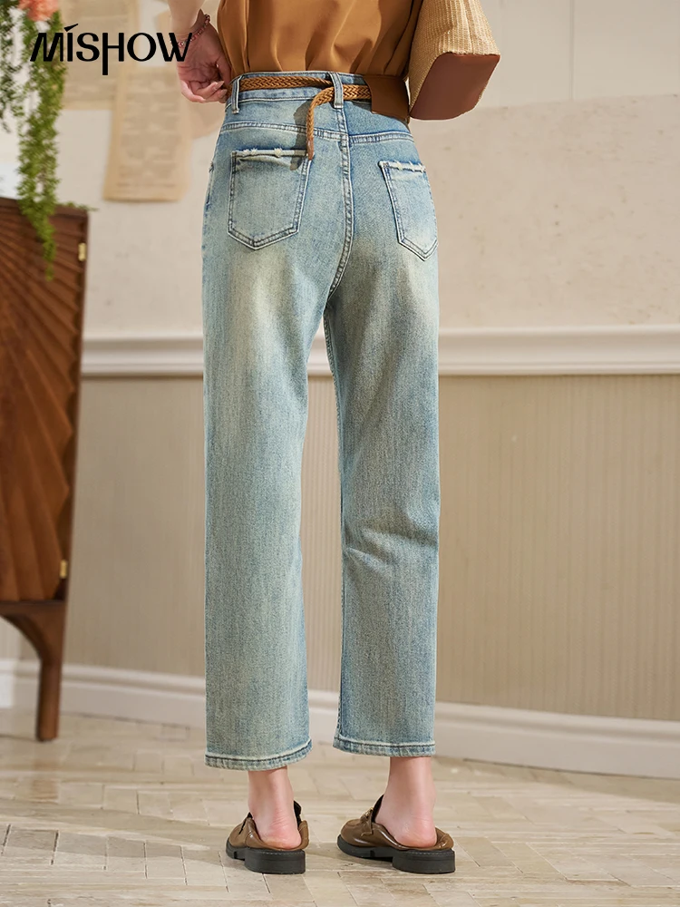 MISHOW Jeans met hoge taille en rechte pijpen voor dames Lente 2024 Slanke casual 9-punts rookpijp Katoenen elastische denimbroek MXD14K0609