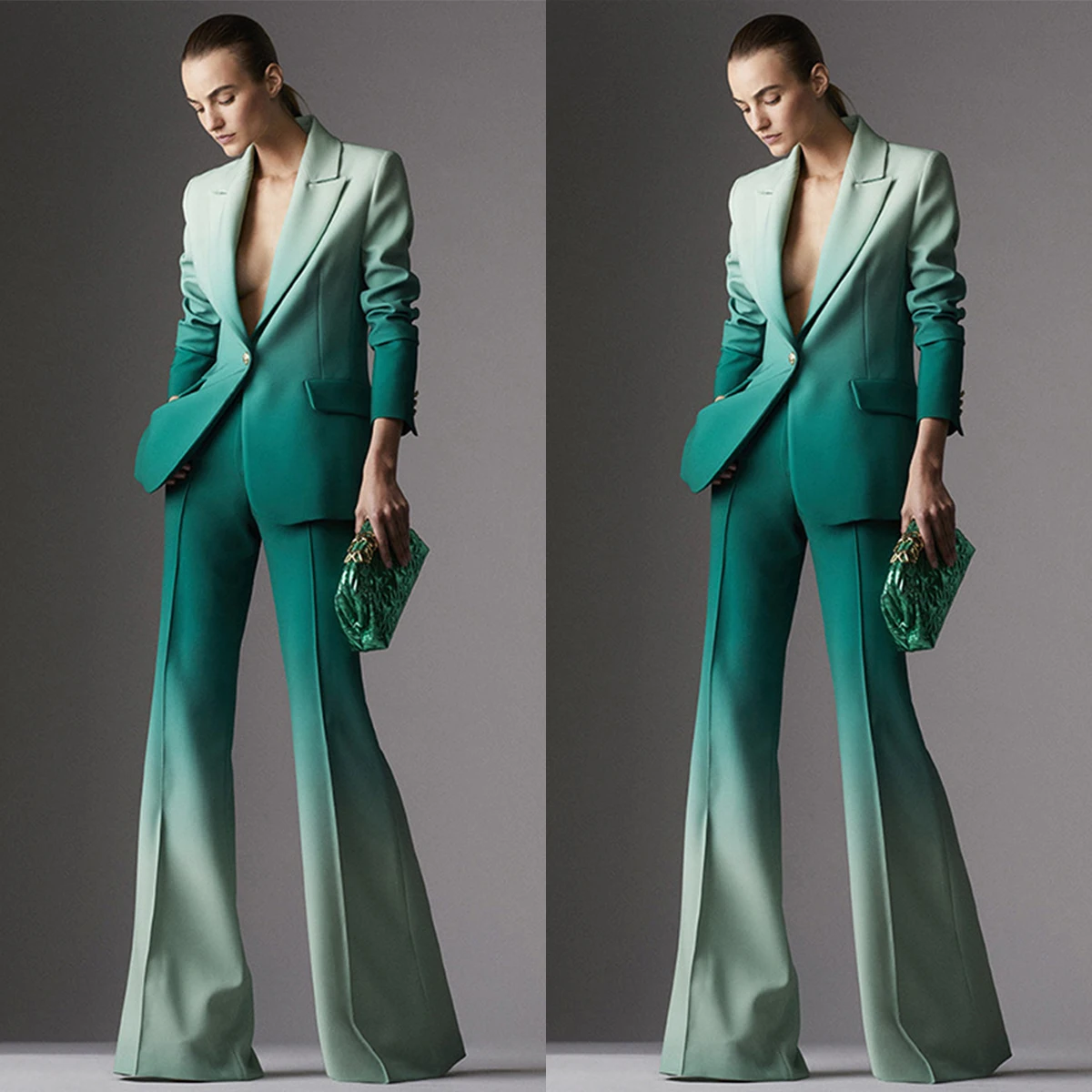 Fashion Gradient Wedding Suits For Women V-Neck  Long Sleeves Lady Set Slim Fit 2 Pcs Coat Pants Prom Party Spots 72h Shipping