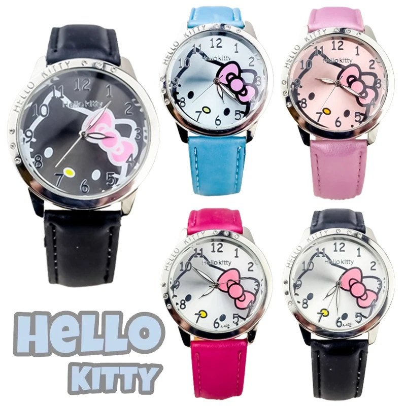 Sanrio Quartz Wristwatch Children Watch Cartoon Sweet Leather Strap Pointer Numbers Watches Student Study Clock Girl Toys Gift