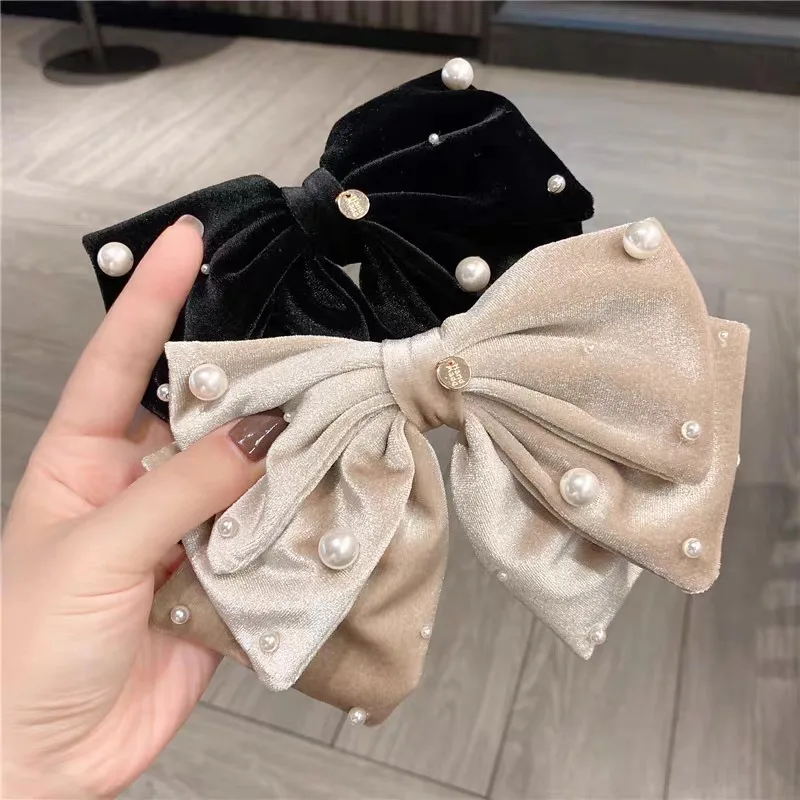 2024 Women Autumn and winter new original handmade gold velvet black oversized bow hairpins