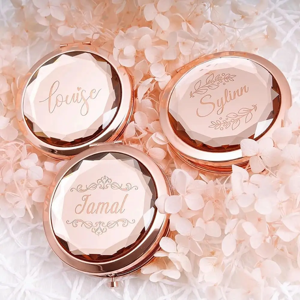 Decorative Mirrors Personalized Name Bride Compact Pocket for women Rose Gold Crystal Makeup Mirror Bridesmaid Wedding Gift