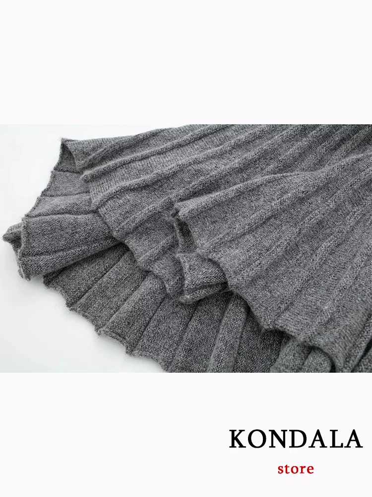 KONDALA Casual Chic Gray Knitted Women Suit Long Sleeve Turtleneck Sweaters Straight Mini Skirt Fashion 2023 Autumn Winter Sets