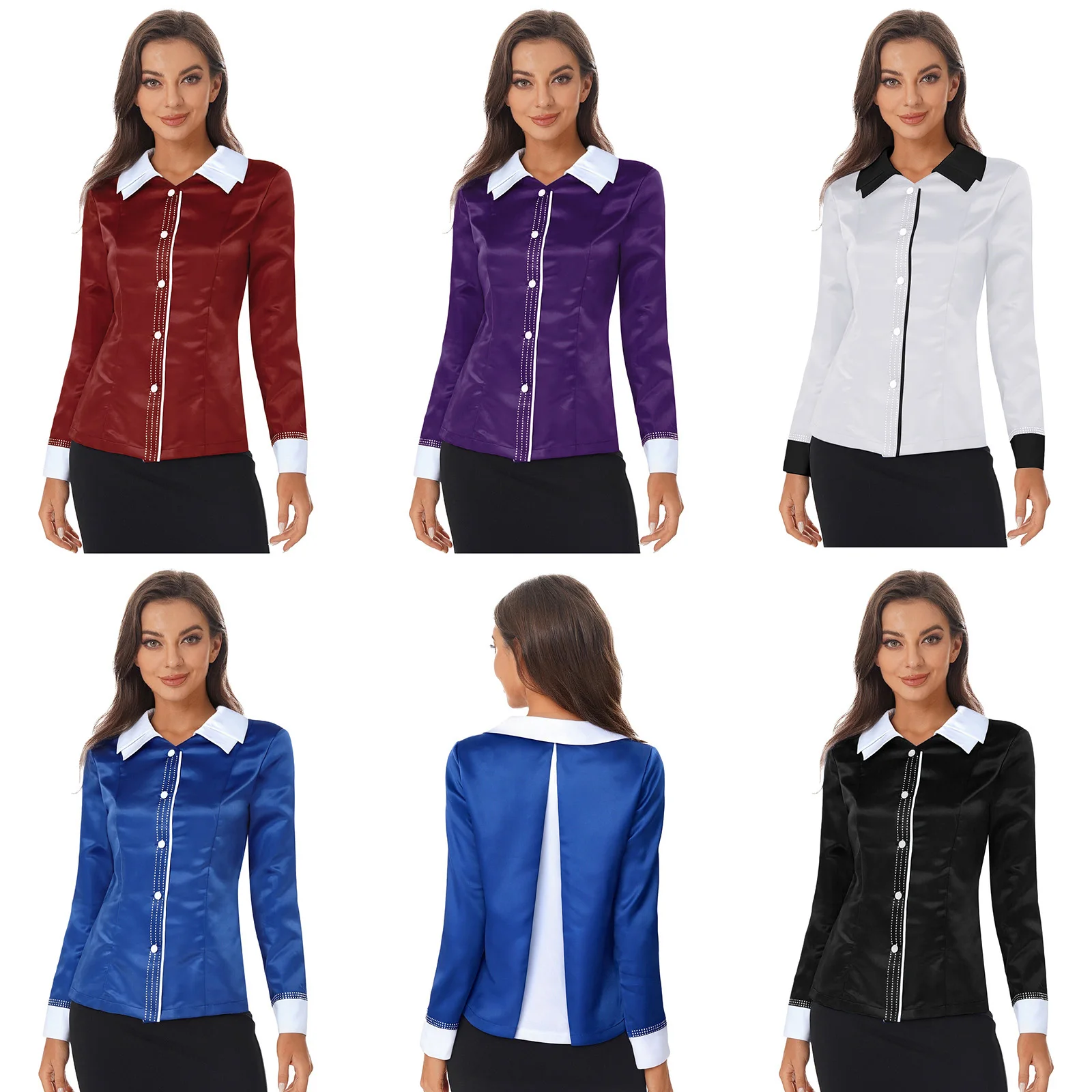 Women Clergy Priest Shirt Top Worship Costume Contrast Color Lapel Long Sleeve Button-down Blouse Top Coat for Halloween Cosplay