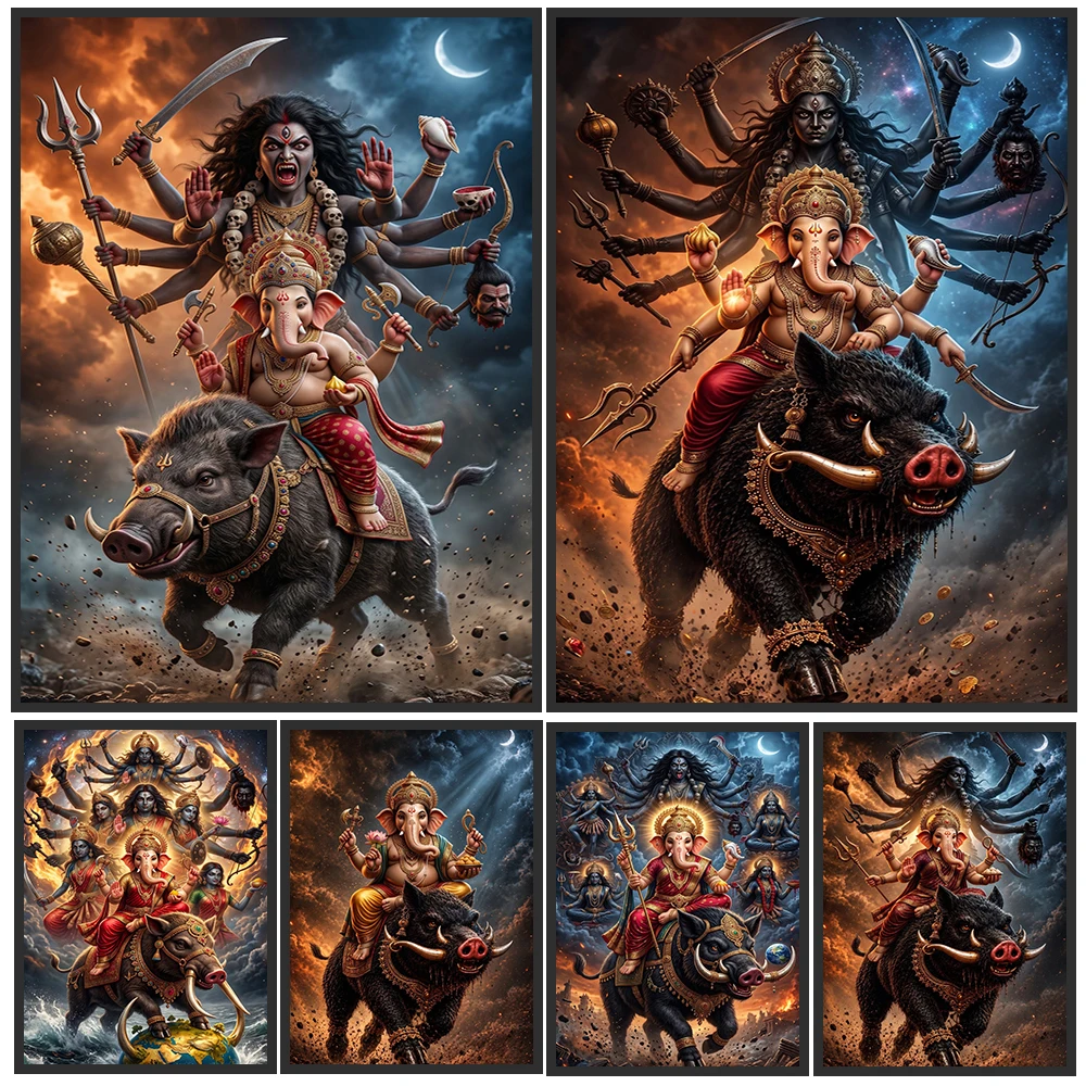 Ganesha and Goddess Kali Canvas Wall Art, Hindu God Elephant Head Deity Riding Wild Boar Poster, Epic Mythology Print Decor