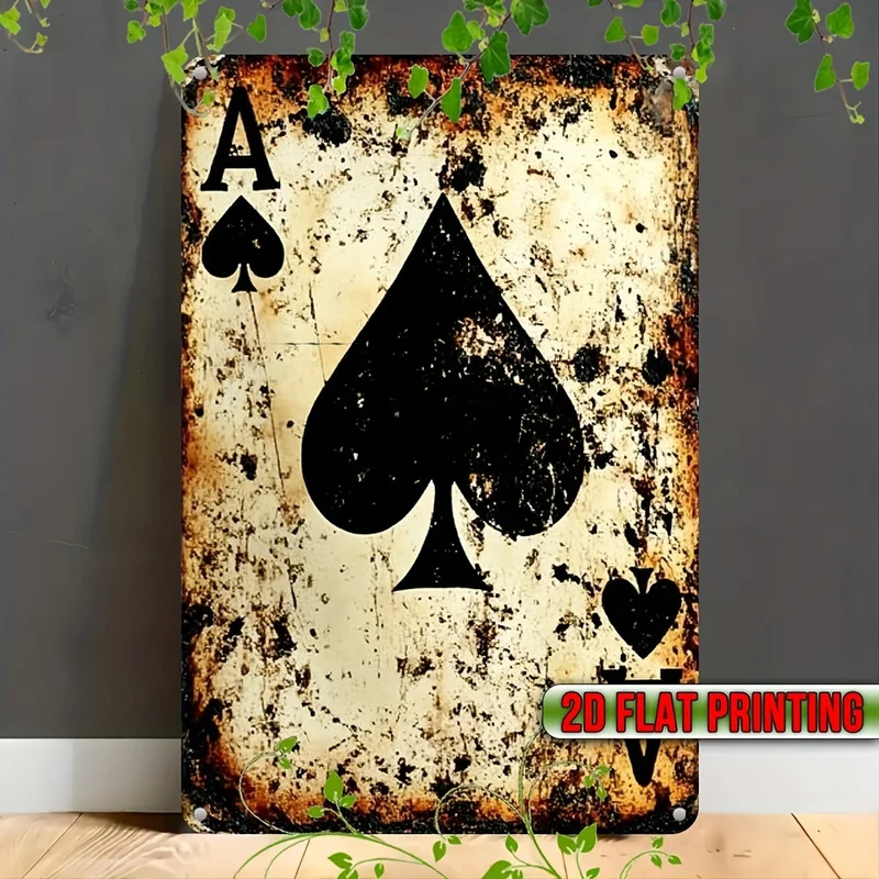 2D Flat Vintage Spade Metal Decor Plaque, Distressed Rustic Sign with Pre-drilled Holes for Hanging, Home Bar Man Cave Wall Deco