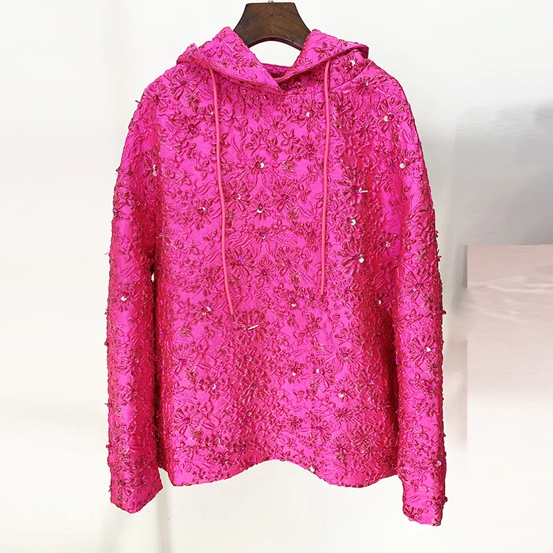 Autumn and winter mid length hooded sweatshirt for women, jacquard fabric, heavy duty studded beads, loose fitting top