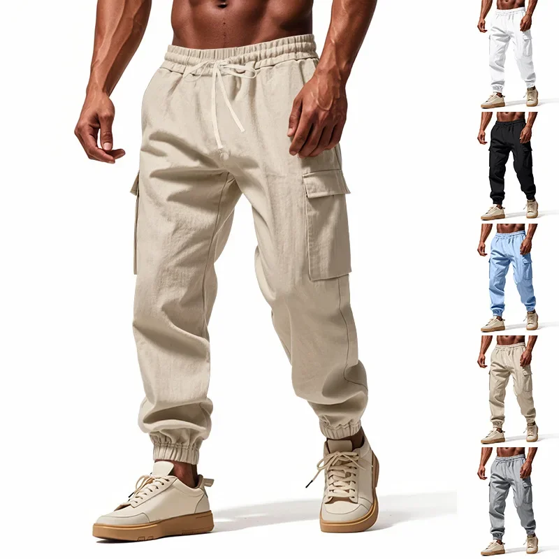 LIBIELIY New Fashion Men's Cotton Linen Casual Trendy Multi Pocket Solid Color Jogger Pants Plus Size Drawstring Loose Trousers