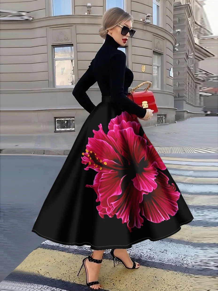 Printed Design Four-season black background with big red flower pattern vacation-style women's skirt