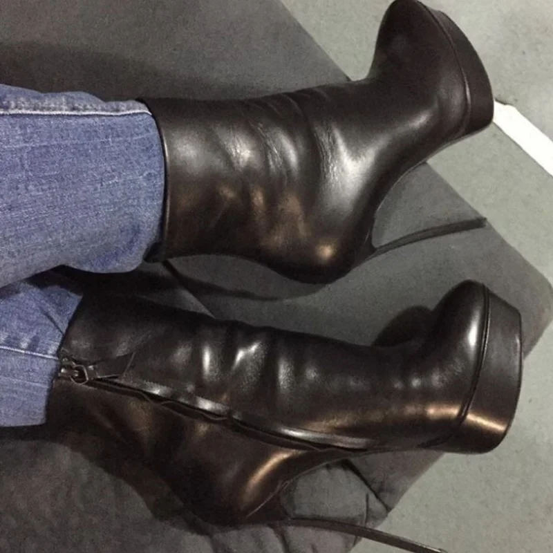 Black Zipper Mid Calf Platform Boots Thin High Heel Round Toe Fashion Sexy 2025 Winter Big Size Woman Shoes Zapatillas Mujer