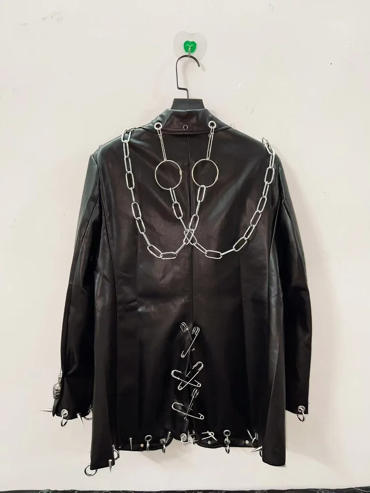 Chaqueta de cuero estilo Roer Hip Hop Punk k Street Performance abrigo de cuero de gato salvaje elemento de cadena de pi...