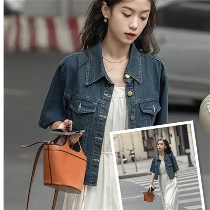

Джинсовая рубашка в стиле ретро для девочек, новое женское лето 2025, тонкое пальто, женские свободные модные куртки, Джокер, ленивый ветер, женская верхняя одежда, топы