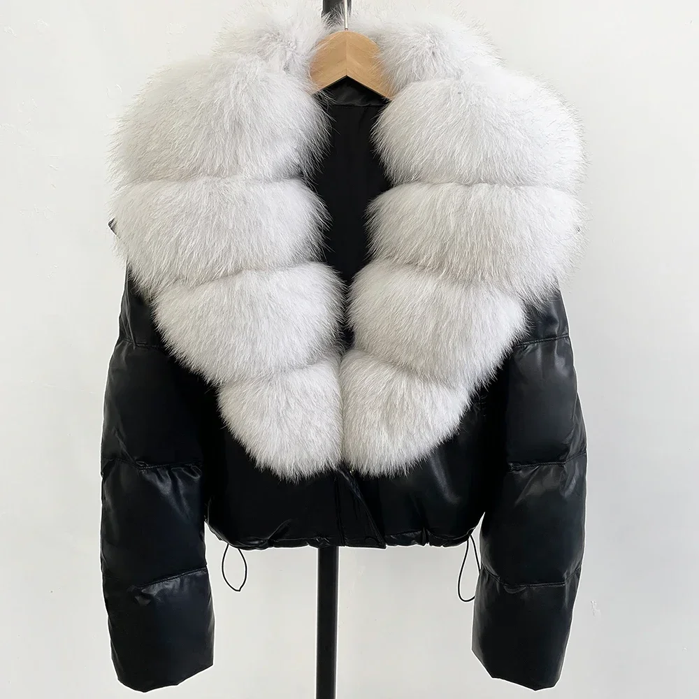 OFTBUY Fur Store 90% White Duck Down Jacket Women Large Natural Fox Fur Collar Winter Short Waterproof PU Puffer Coat Female