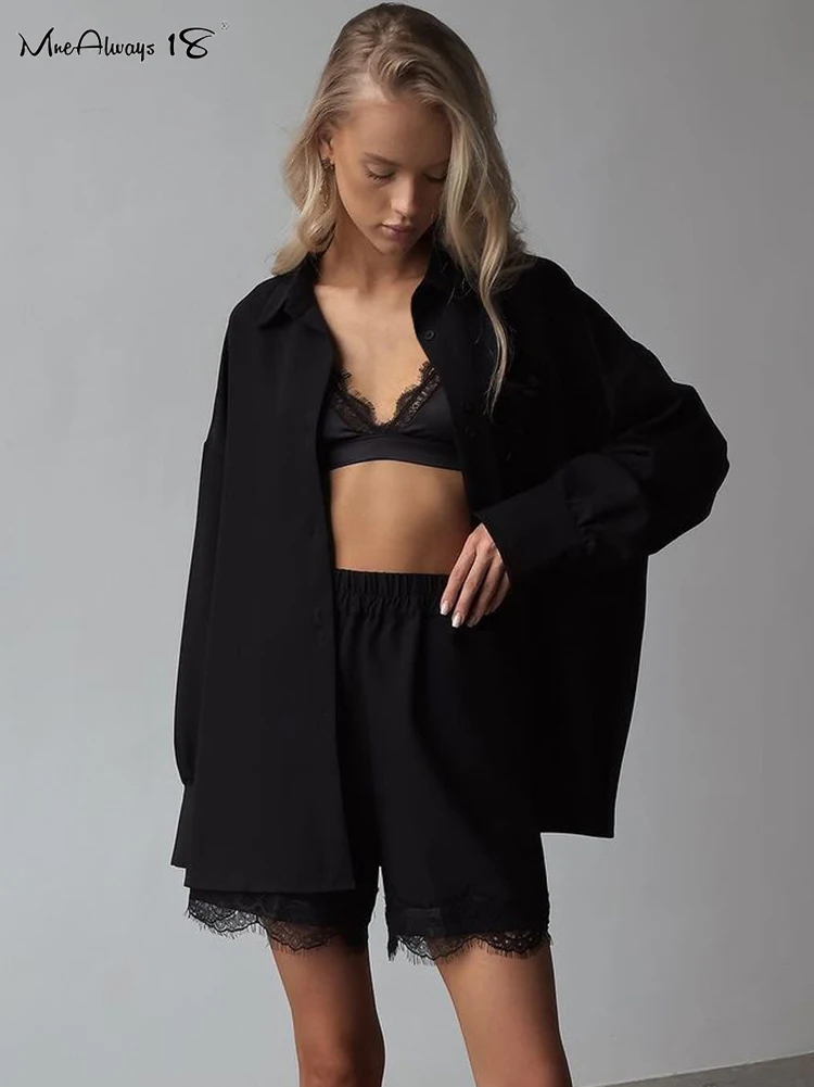 Mnealways18 Black Chiffon Shorts Sets Homewear Two Pieces Women Patchwork Lace Outfits Oversize Shirts And Wide Legs Shorts Suit