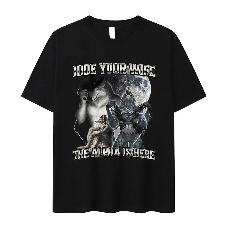 Hide Your Wife The Alpha Is Here Funny Werewolf Meme T Shirt Vintage Cringe Werewolf Ripping T-shirt Men's Oversized Cotton Tees