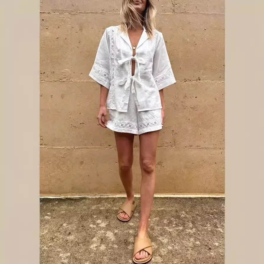 

Women Shirts Shorts Sets Summer Bandage Hollow Casual Solid New Female Home Simple Short Sleeve Tops Half Pants 2-piece Set