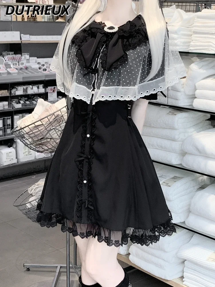 

Original Japanese Girl's Mine Series Mass-Produced Veil Cloak Lace Short Sleeve Dress Summer Sweet Cute Waist-Tight Dresses