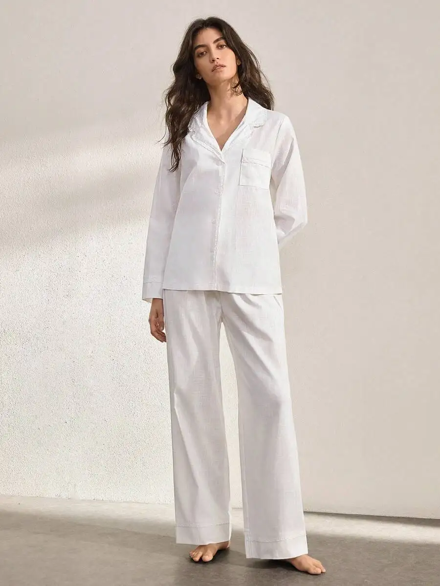 

Women Solid Minimalist Lapel Button Up Pajama Set Soft Cotton Wide Leg Pants