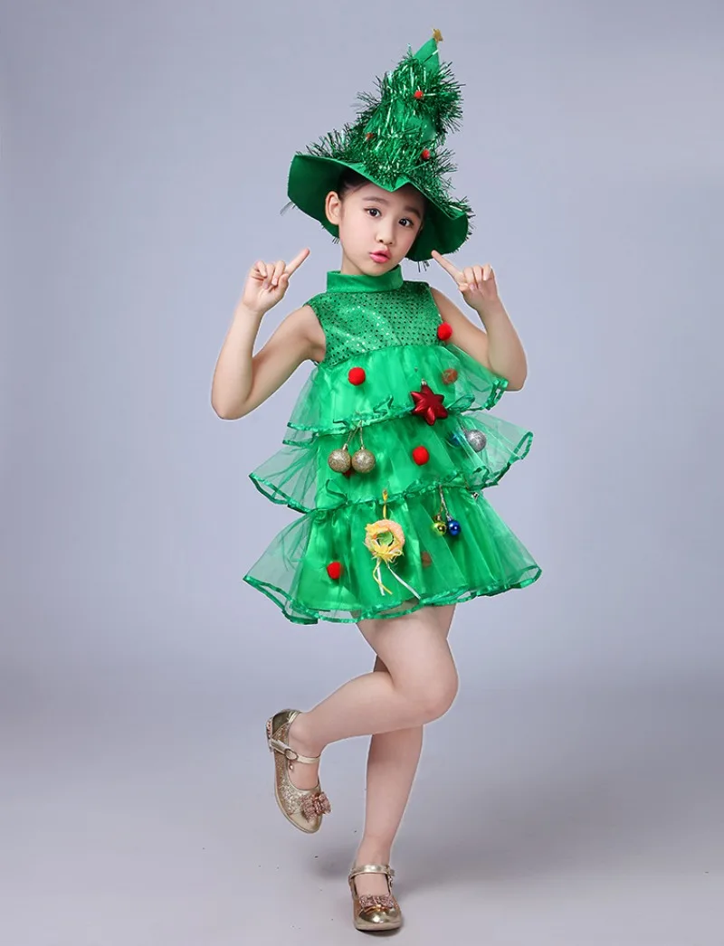 Women Girls Kids Children Green Christmas Tree Costume Outfit Cosplay Props Hat Elf Fancy Dresses