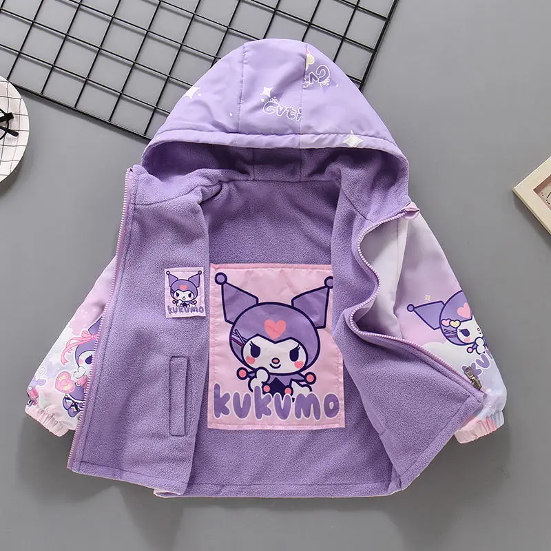 Spring Autumn Children Girl Double Sided Windbreaker Coat Teen Cartoon Kuromi Printed  Plush Hooded Jacket Kid Fashion Outerwear