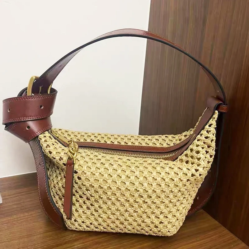 England Style Beach Straw Bags For Women Luxury Designer Handbag Purse 2024 New In Papyrus Woven Vintage Chain Underarm Shoulder