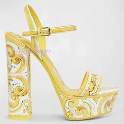 14CM Bohemia Women Chunky Heels Sandals Yellow Leather Ankle Strap Platform High Heel Dress Party Shoes
