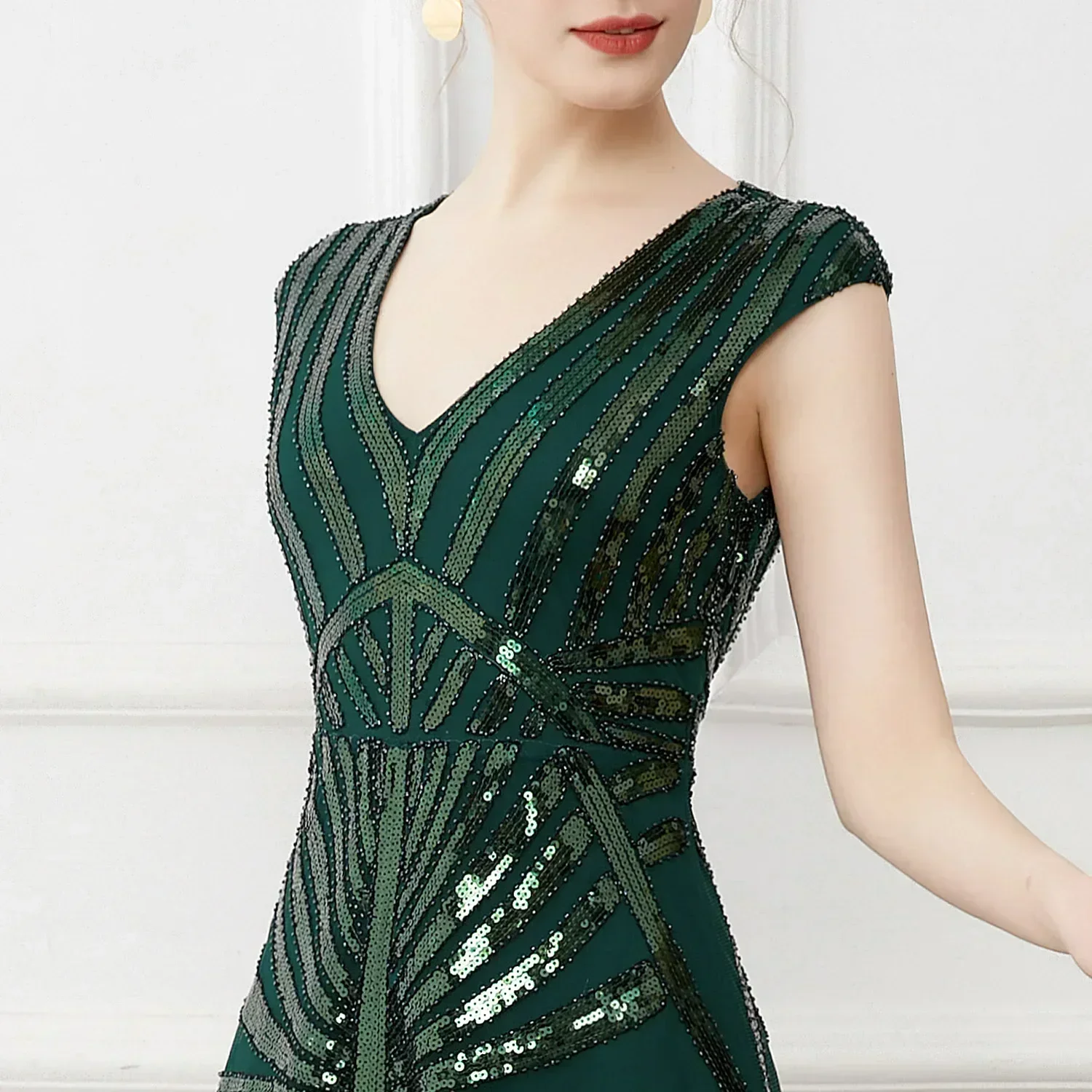 Vintage Banquet Dark Green Long Sequined Evening Plus Size Bridesmaid Wedding Deep V Elegant Dress Long Dress Evening Dresses