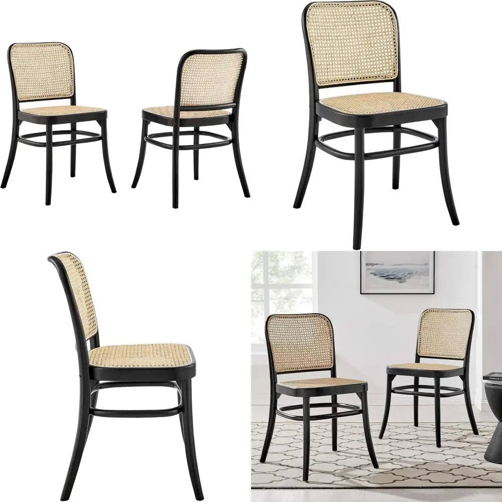 Elegante Esszimmerstühle aus Ulmenholz mit Rattansitz, 2er-Set, Schwarz, bequem und langlebig für den täglichen Gebrauch