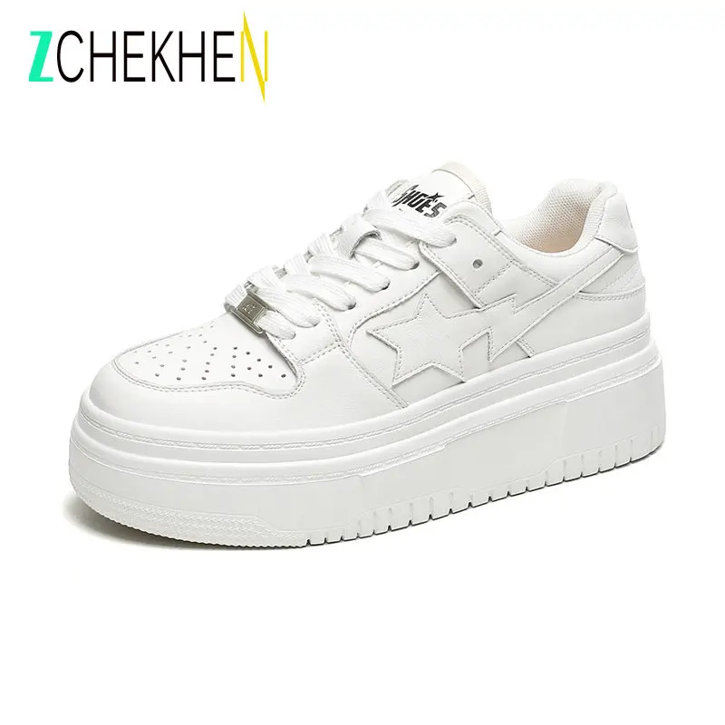 Women Thick Bottom Bread Shoes Flat Platform Sneakers Spring Casual White Round Toe Low-top Ladies Skate Sneaker Shoes