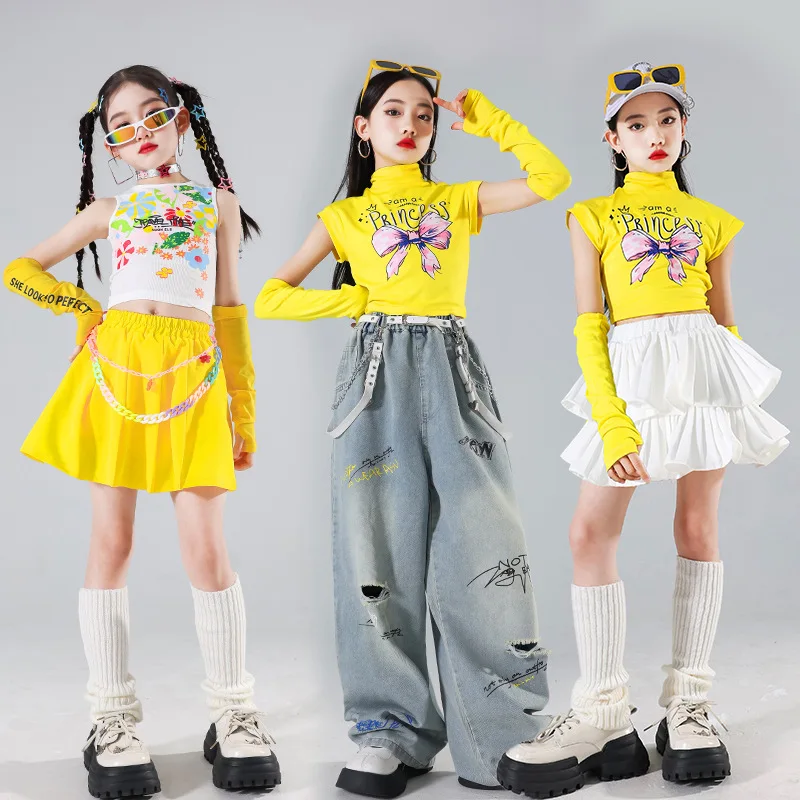 힙합 소녀용 옐로우 크롭탑, 찢어진 청바지, 스트릿 댄스 스커트, 키즈 스트릿웨어, 아동 재즈 걸그룹 의상, K팝 의상 세트