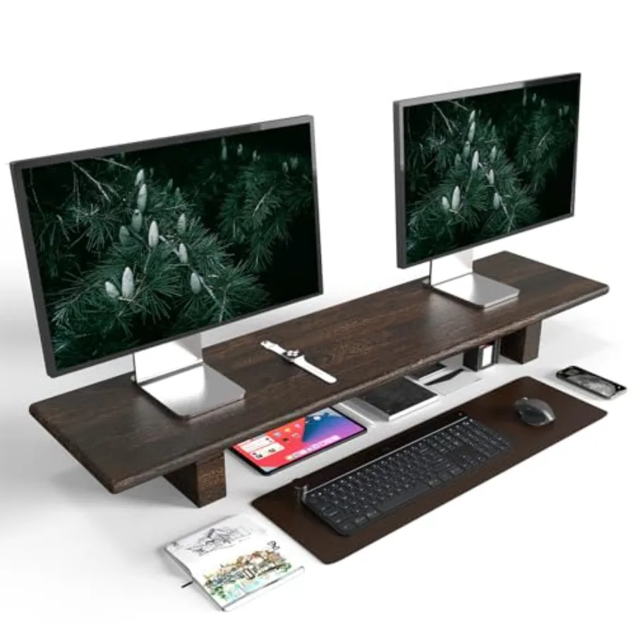 Solid Wood Rustic Desk Monitor Stand with Storage Large Dual Monitor Stand Riser for Laptop Computer TV PC Printers Perfect Des