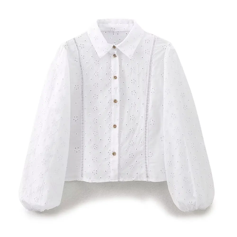 Tangada Women White Embroidery 85% Cotton Shirt  Lantern Long Sleeve 2024 Fashion Female Crop Blouse Tops 6H0197