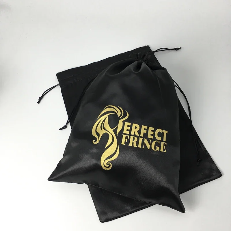 Luxury Black Satin Bags Packaging Hair Wig Extension Gift Bag Custom Logo Drawstring Bags 20x30/30x40cm Storage Pouch 50PCS