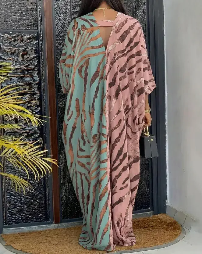 

2026 Summer New Fashionable Casual Loose Color Blocked Abstract Printed V-Neck Bat Sleeve Open Back Loose Slimming Long Dress