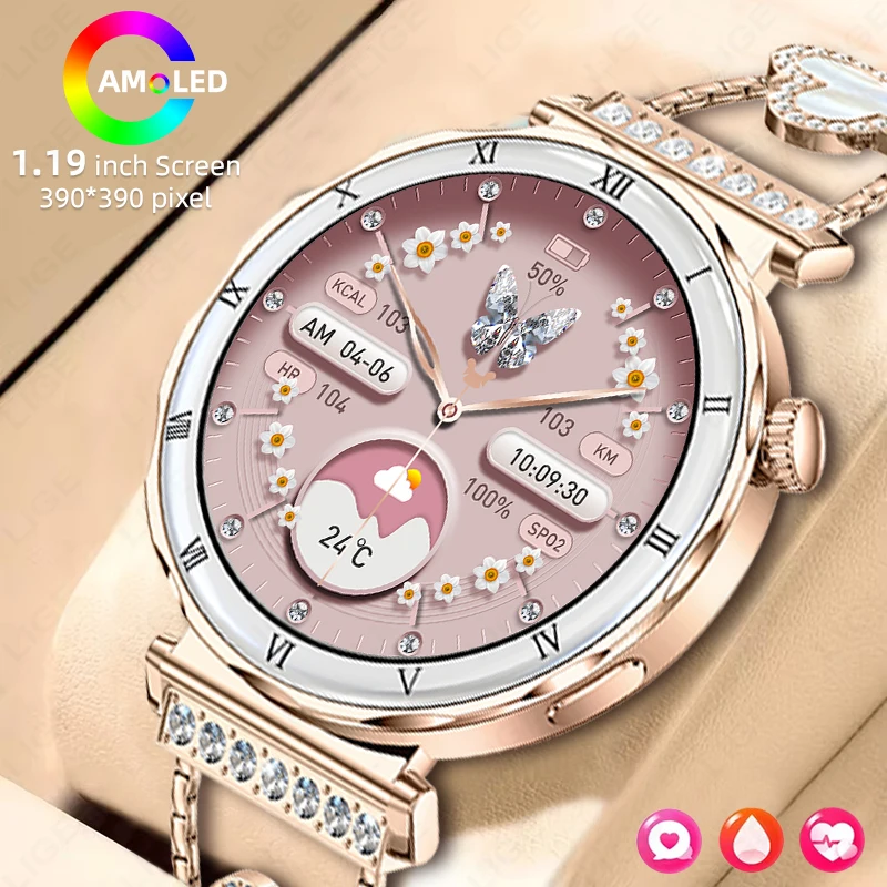 Luxury Smart Watch Women Ladies Wristwatch AMOLED HD Screen Bluetooth Call Voice Control Music Player Sport Fitness Smartwatches