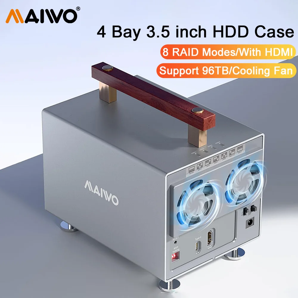 MAIWO 4 Bay Hard Drive Docking Station for 2.5''3.5'' HDD/SSD 8 RAID Modes with Cooling Fan HDMI Aluminum External Drive Case