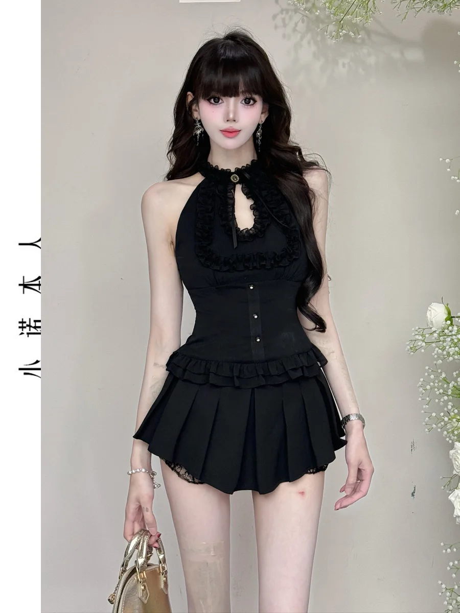 

Sexy oulder Bared Korean Sle irt And High Waist Puffy Skirt Set with Wood ain 25-35 Years Old Women Summer Faion