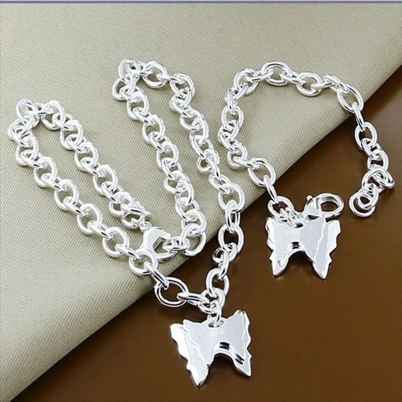 

Classic Charming Jewelry Sets 925 Sterling Silver Fashion Insect Butterfly Necklace Bracelet Set Fine Jewelry Gifts Wholesale