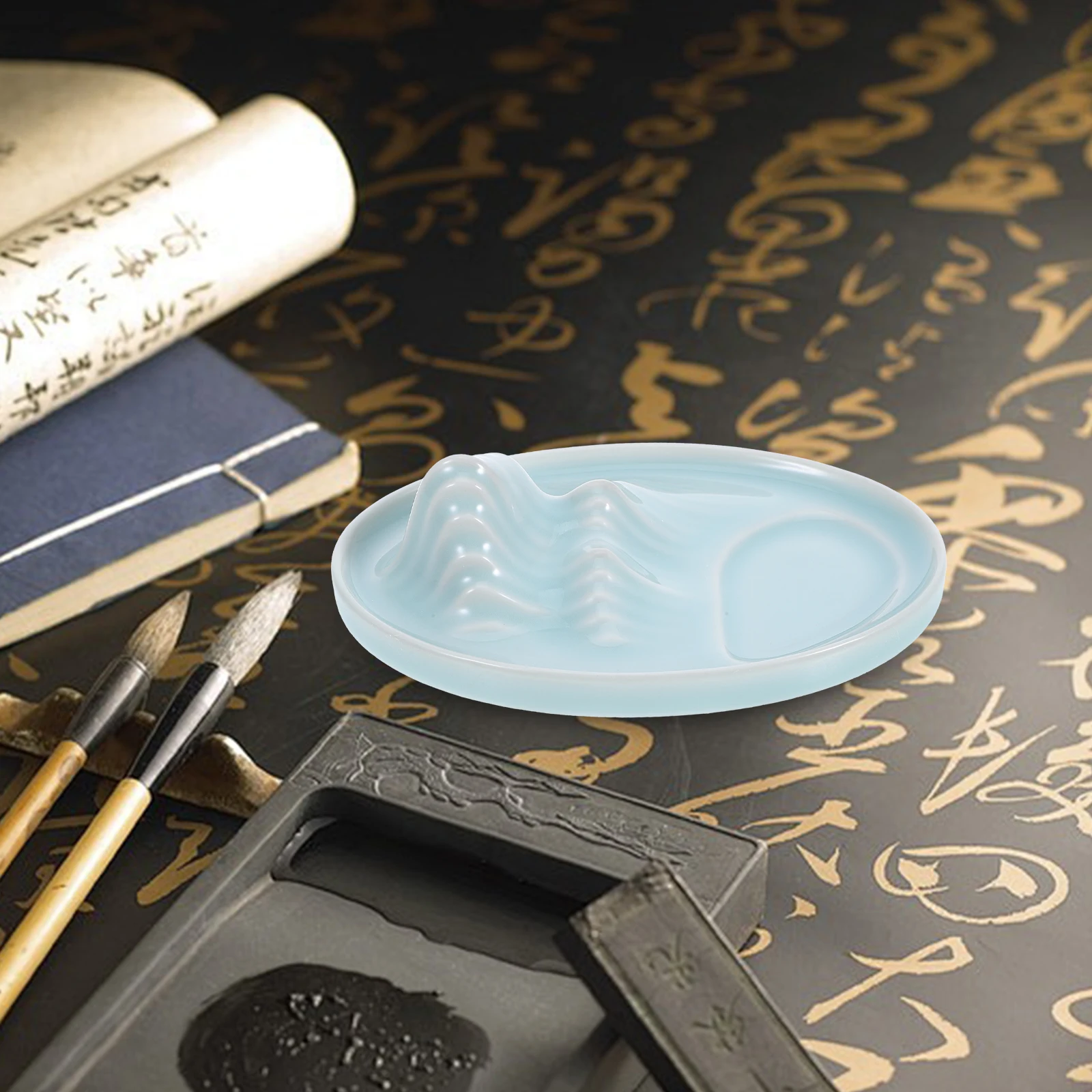 Ceramic Calligraphy Ink Dish Blue Versatile Writing Art Plate for Chinese Calligraphy Brush Rest Mixing Studio